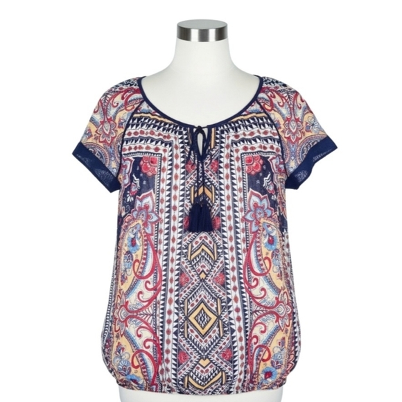 JohnPaulRichard Tops - John Paul Richard Boho Bohemian Paisley Peasant Blouse Short Sleeves Sz M